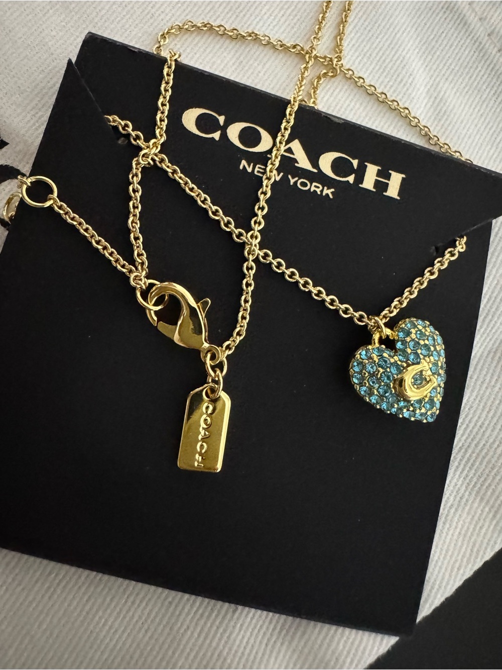 COACH Gold-Tone Necklace with Aqua Crystal Heart Pendant